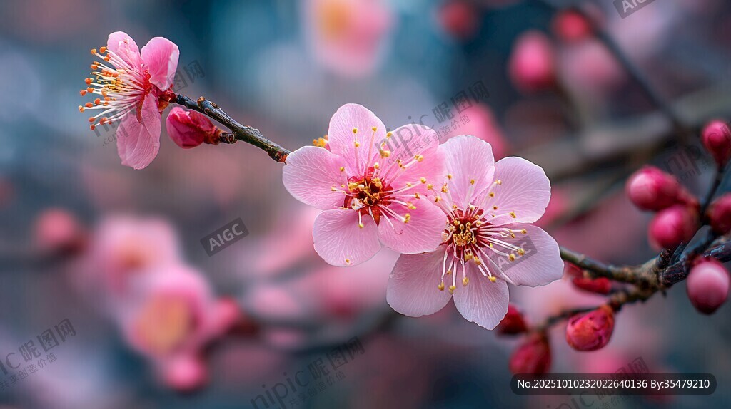娇艳绽放的粉色梅花枝头