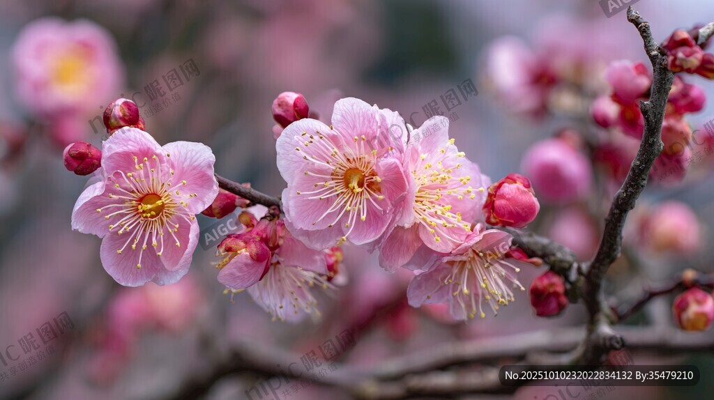 娇艳绽放的粉色梅花枝头