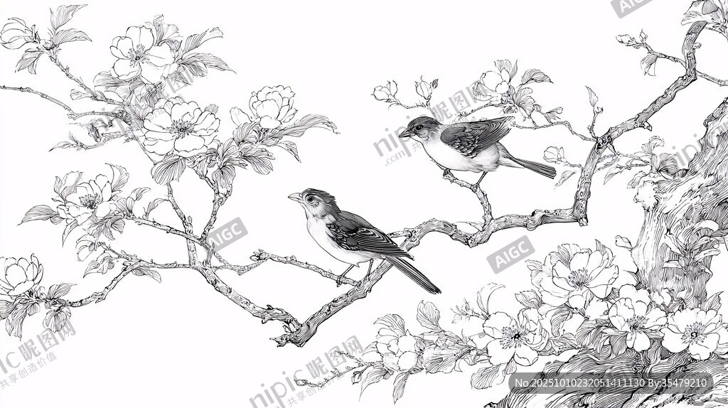 双鸟栖花枝黑白线描画
