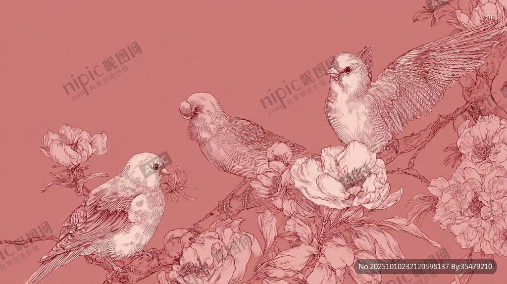 枝头栖鸟与繁花