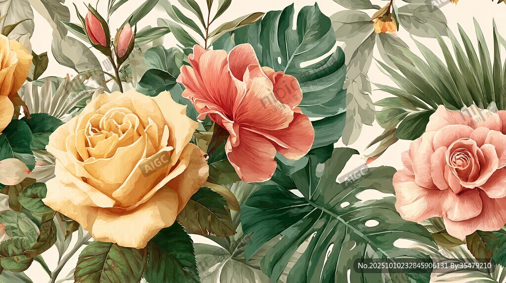 热带花卉与玫瑰精美插画