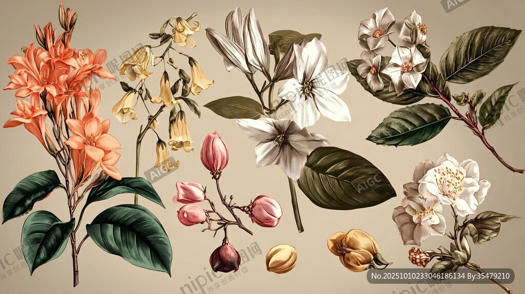 复古风花卉植物插画素材