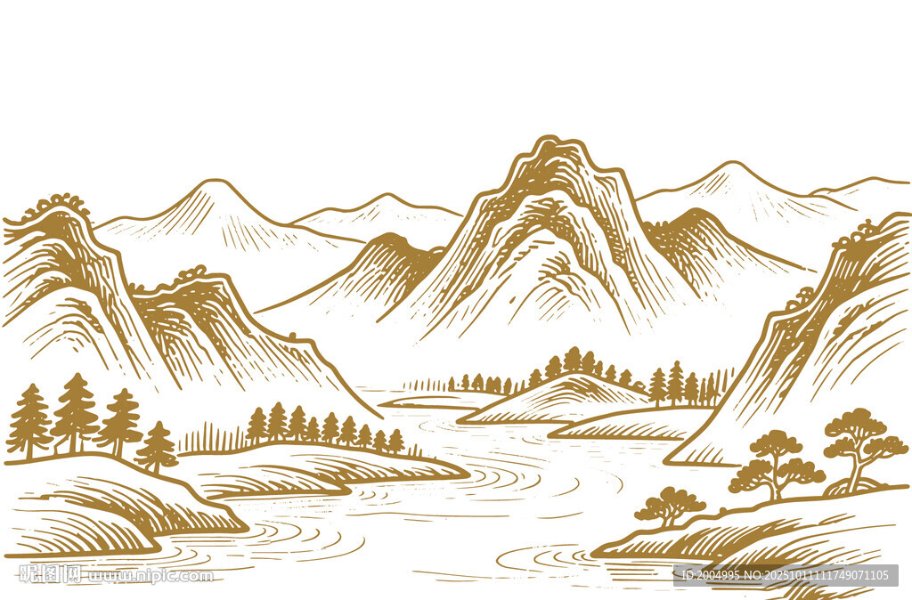 手绘线条山水