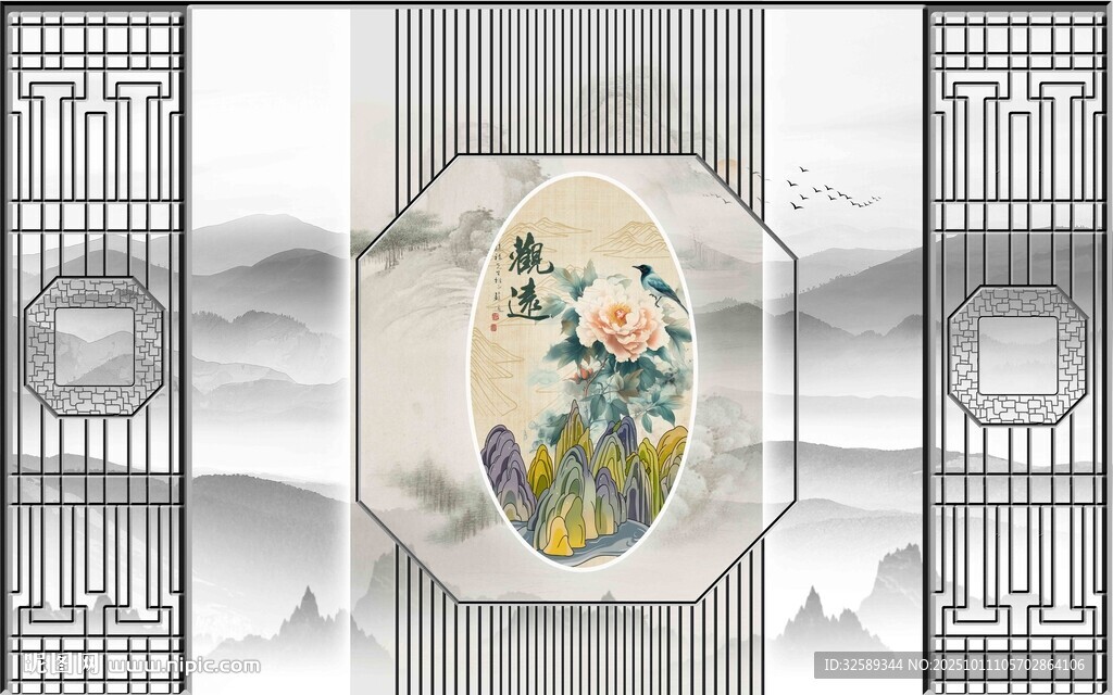 中式屏风上的花卉图案