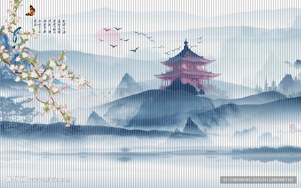 水墨古风山水楼阁美景