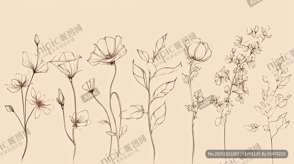 手绘花卉线条插画集合