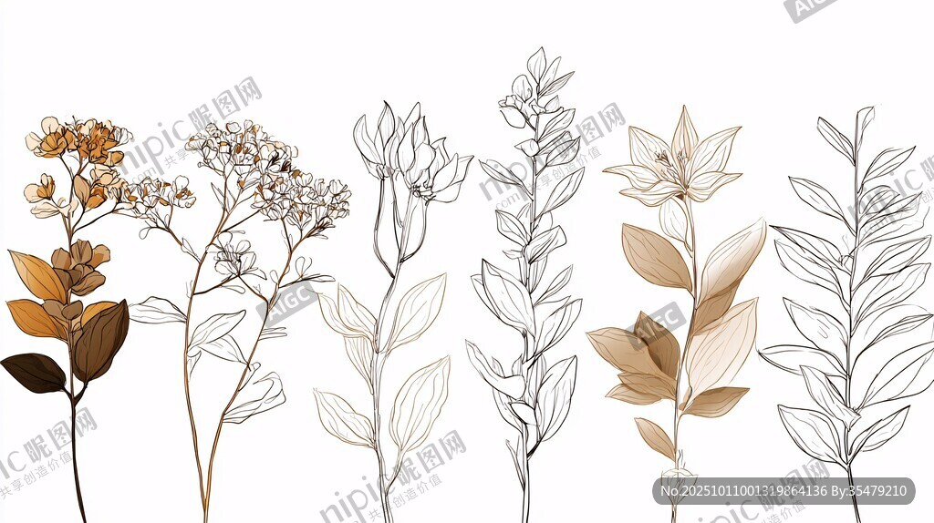 手绘植物花卉线条插画