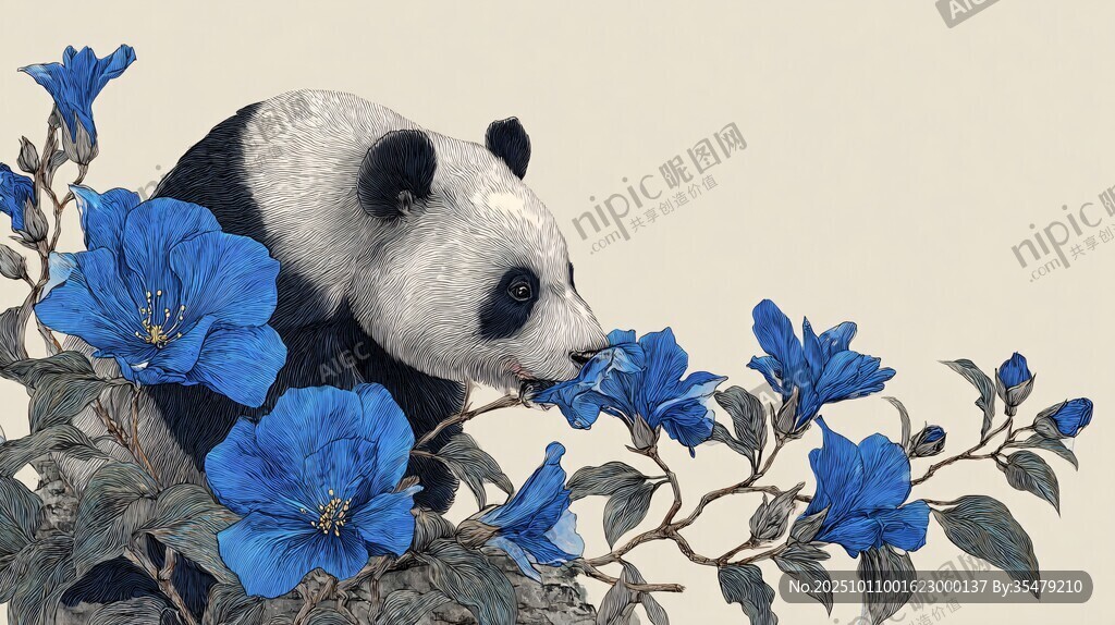 熊猫嗅闻蓝花的美妙瞬间