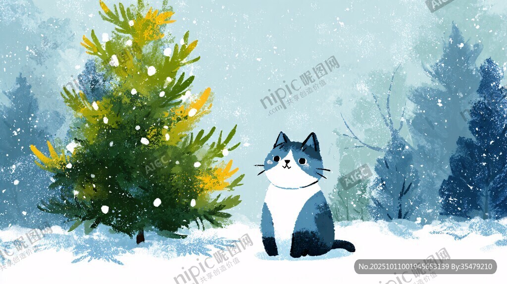 雪中小猫伴圣诞树