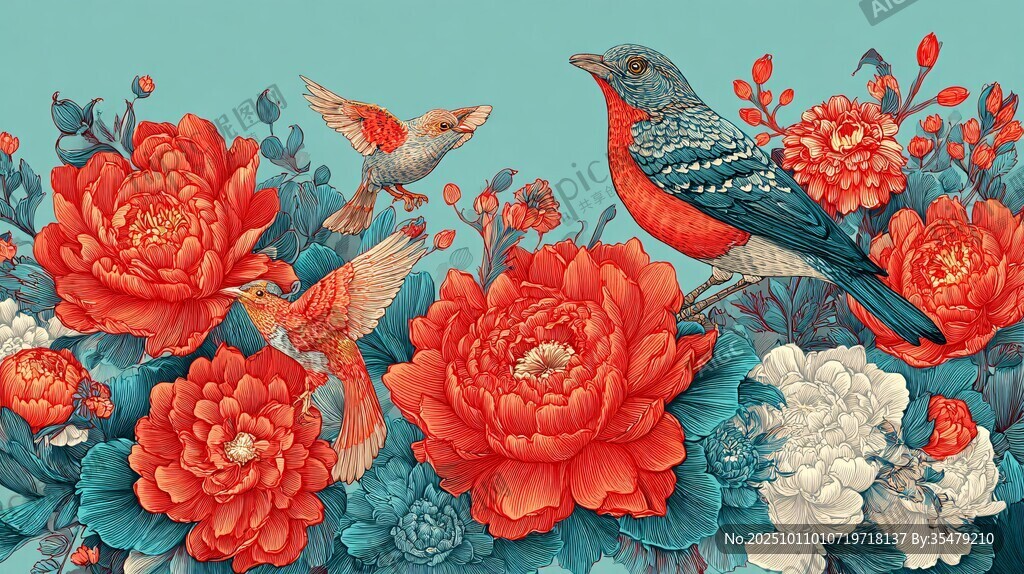 花鸟绘景 艳丽牡丹伴飞鸟
