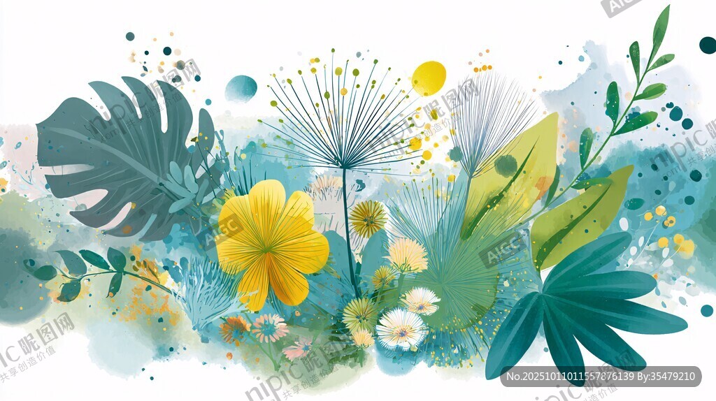 清新水彩风花卉绿植插画