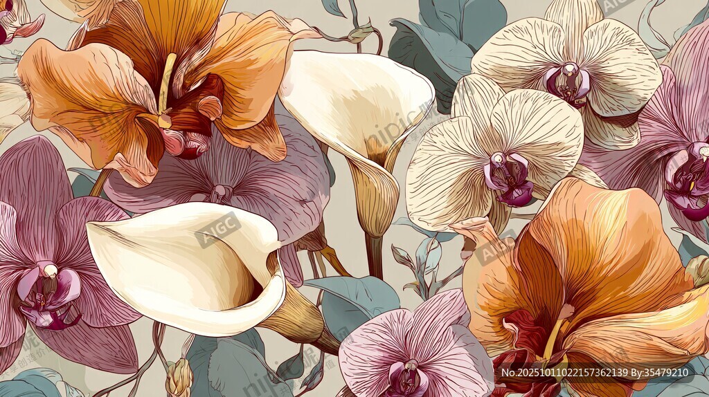 多彩兰花与马蹄莲插画