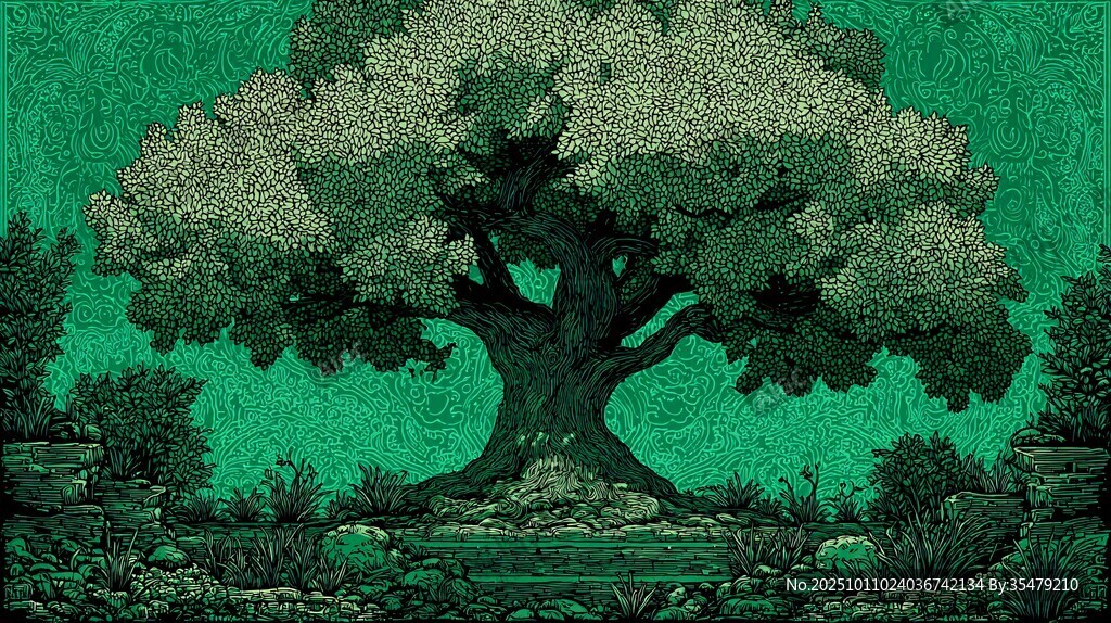 翠绿繁茂大树的奇幻图景