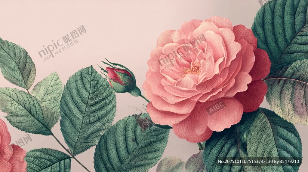 娇艳粉色玫瑰与绿叶