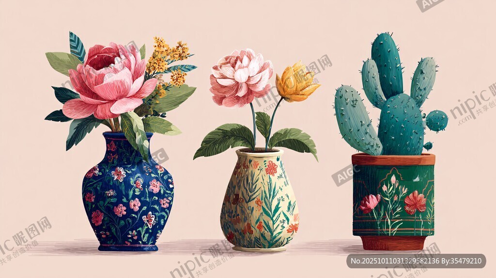 三个花瓶中的花卉与仙人掌