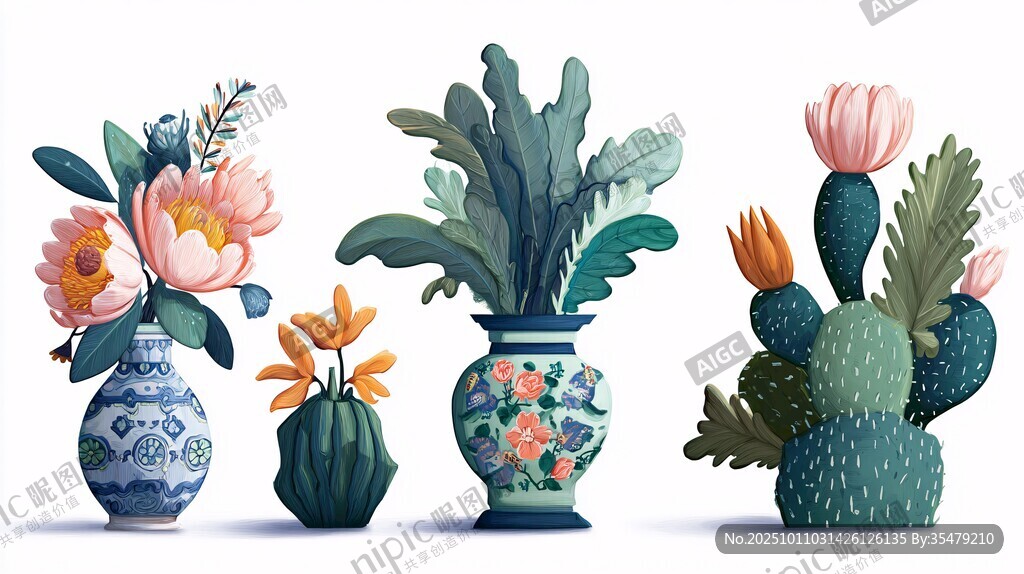 中式花瓶与多肉花卉插画