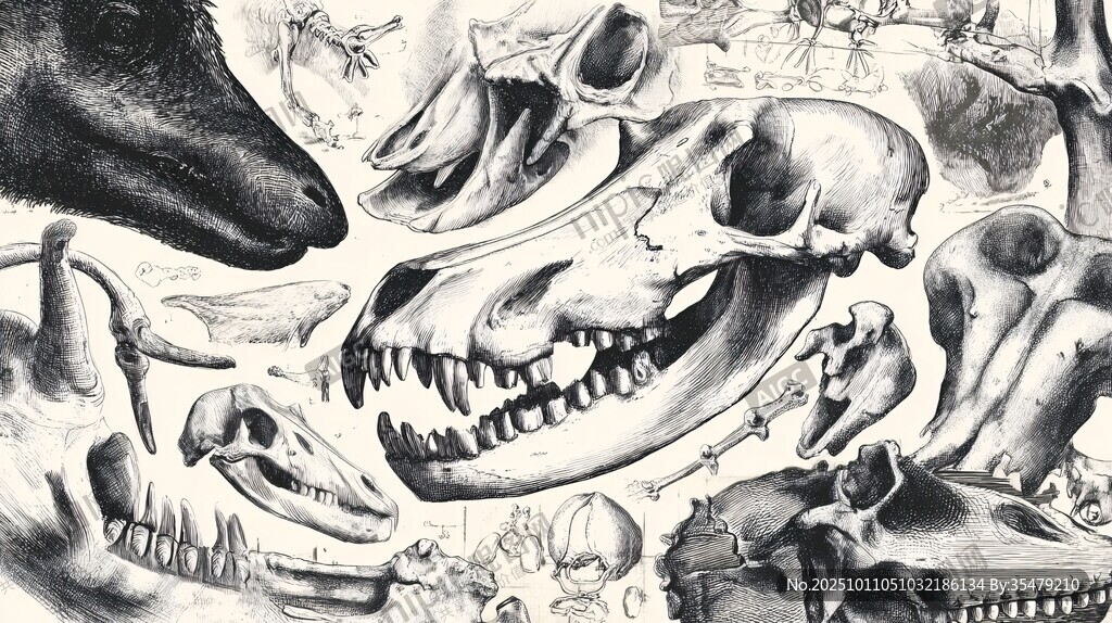 多样动物头骨黑白插画