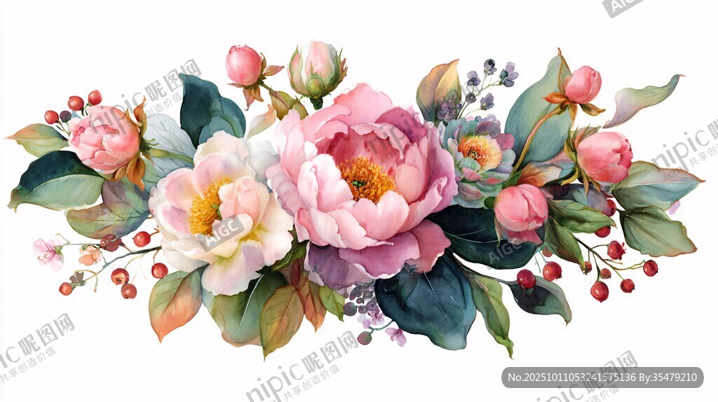 水彩风粉色花卉组合插画