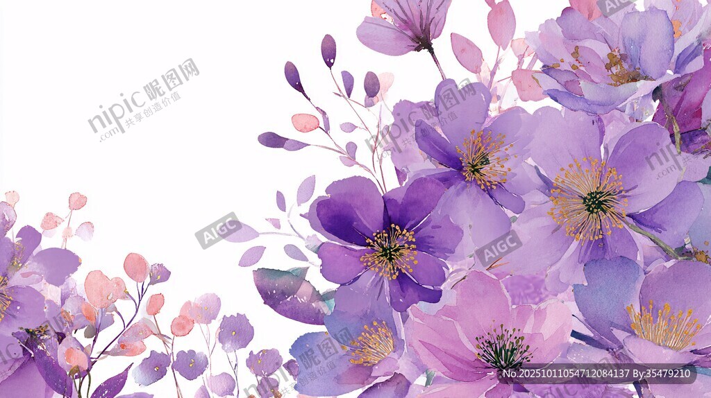 梦幻紫色花卉水彩插画