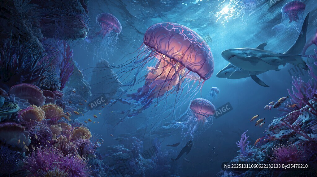 梦幻深海中的水母与鲨鱼