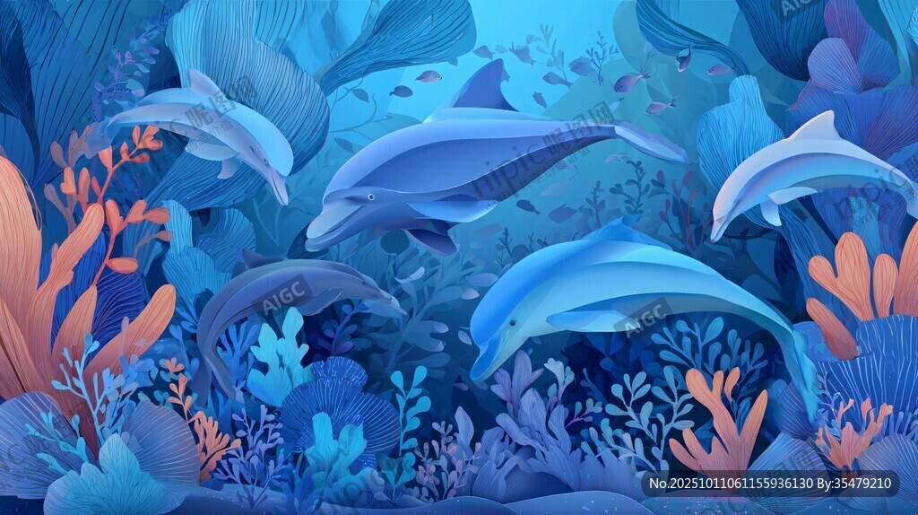 梦幻海底海豚畅游景象