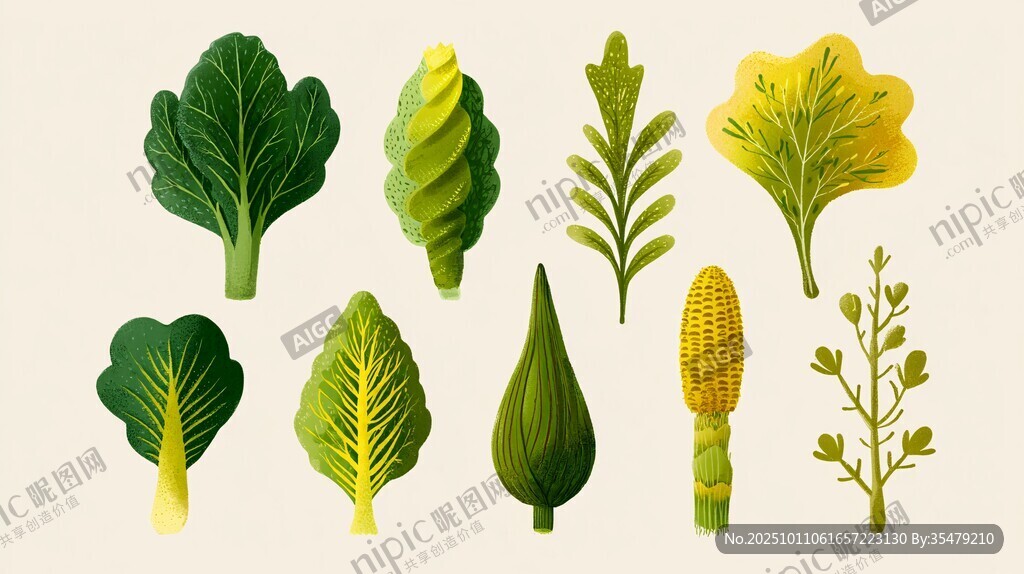 多样绿色蔬菜插画集合