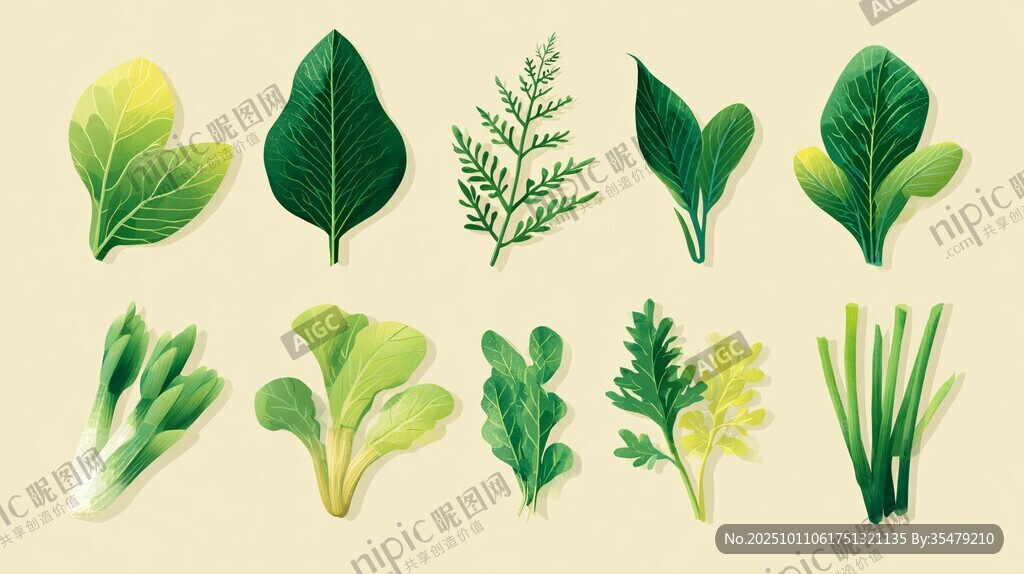 多样新鲜蔬菜叶片插画