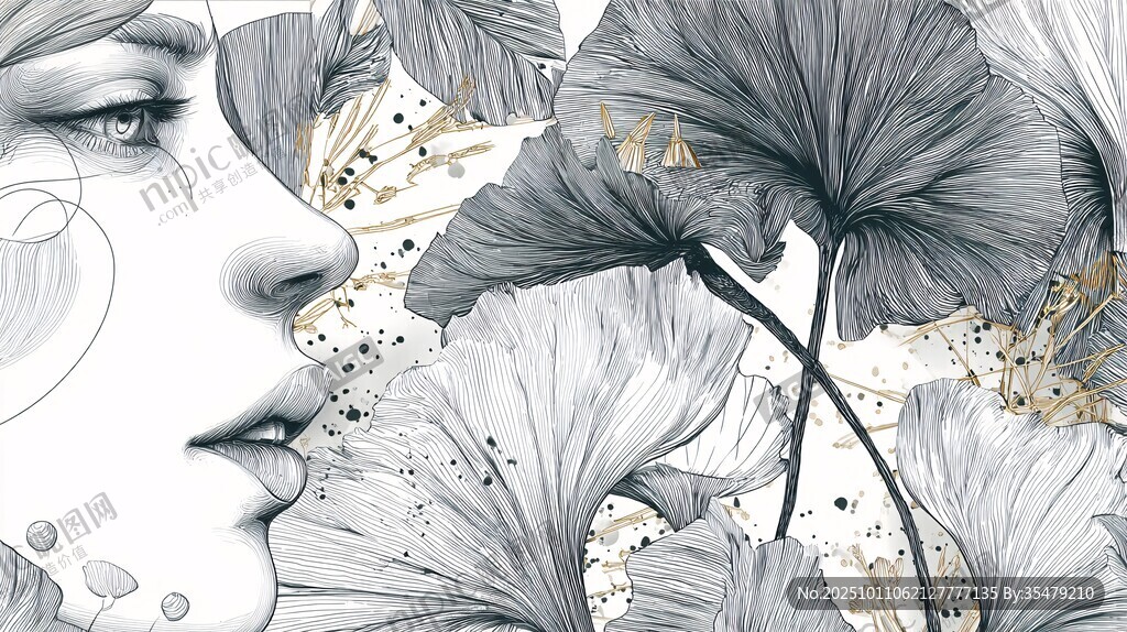 少女与花叶的梦幻插画