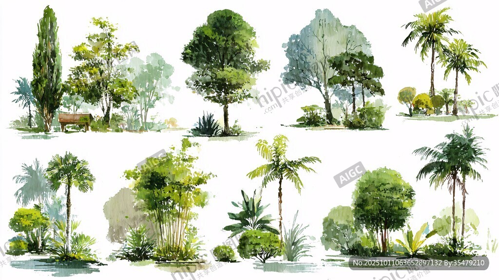 手绘多样绿植景观集合