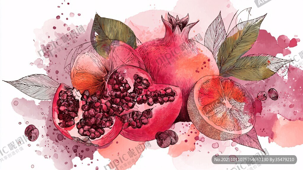 水彩绘石榴及水果插画