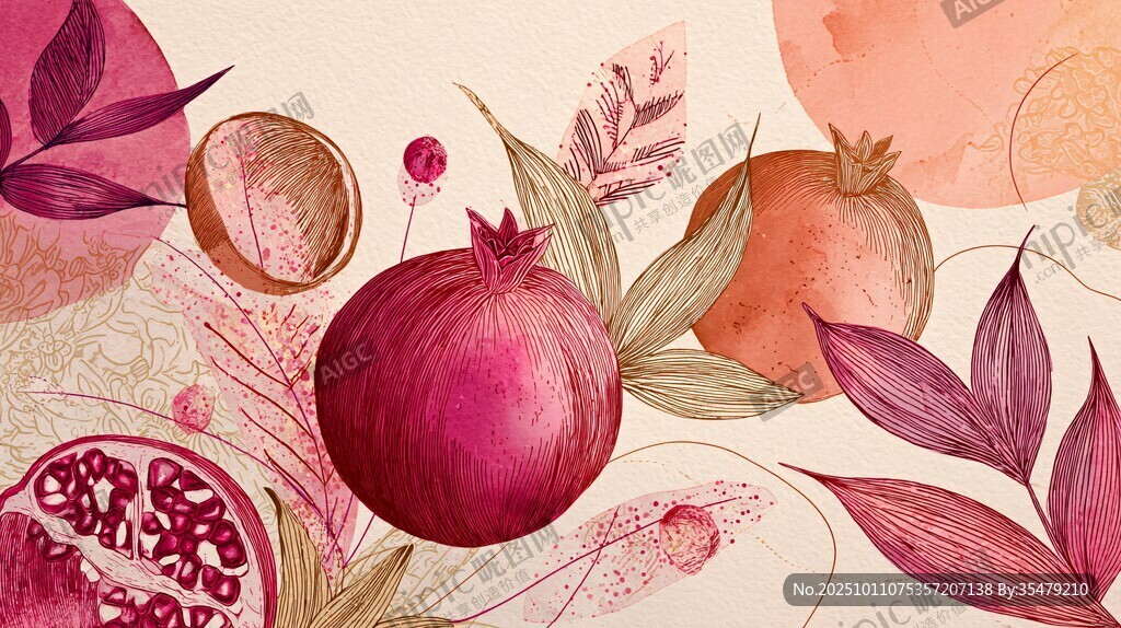 石榴插画 缤纷果实与花叶