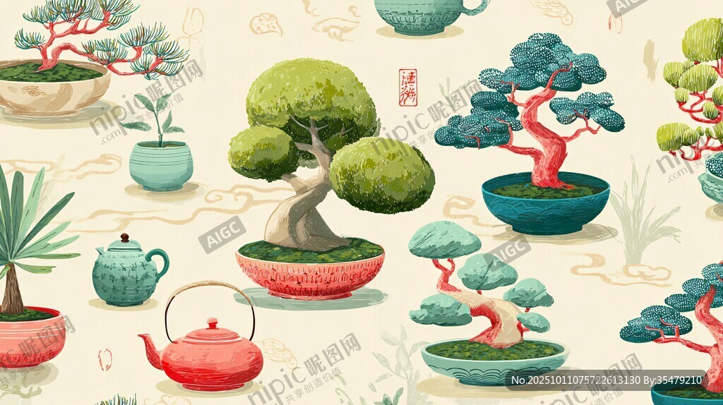 中式盆景与茶具图案设计
