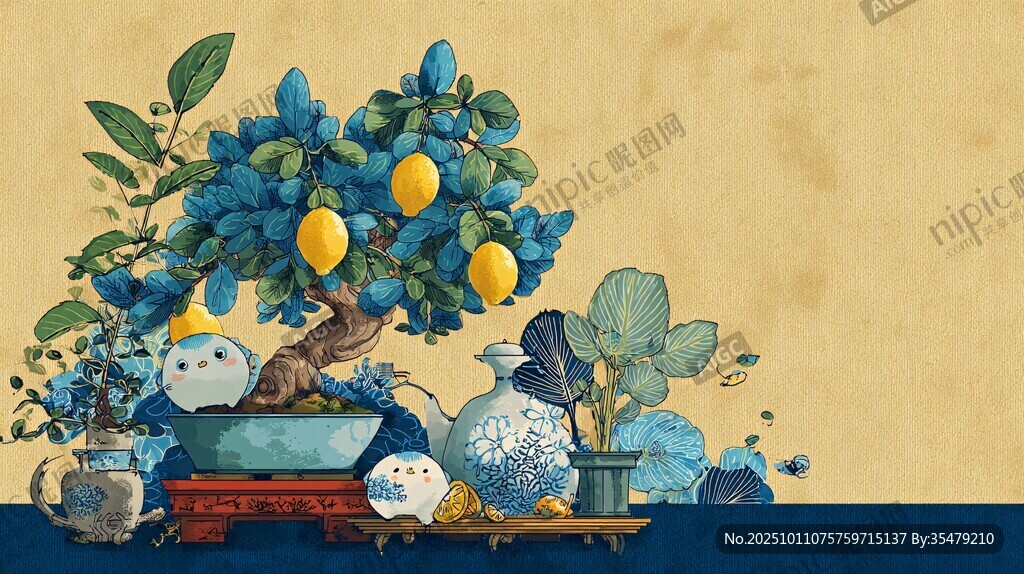 中式蓝调盆栽静物插画