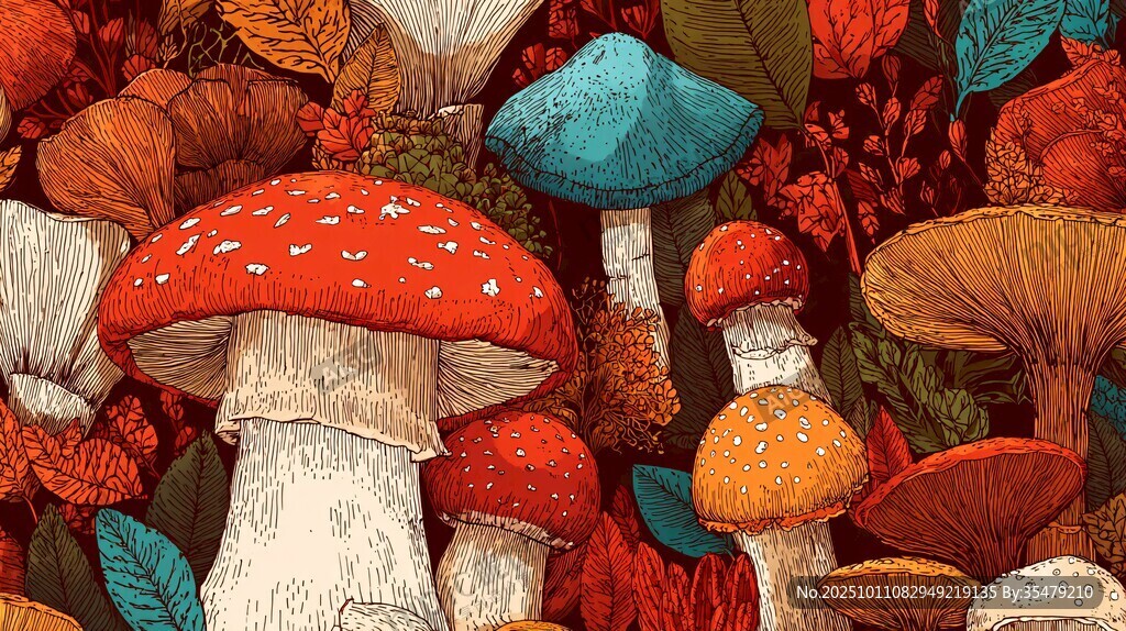 奇幻森林中的多彩蘑菇世界