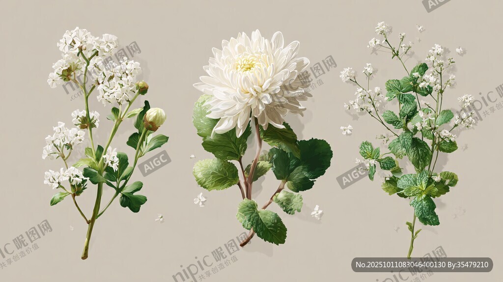 三株白花绿植清新插画
