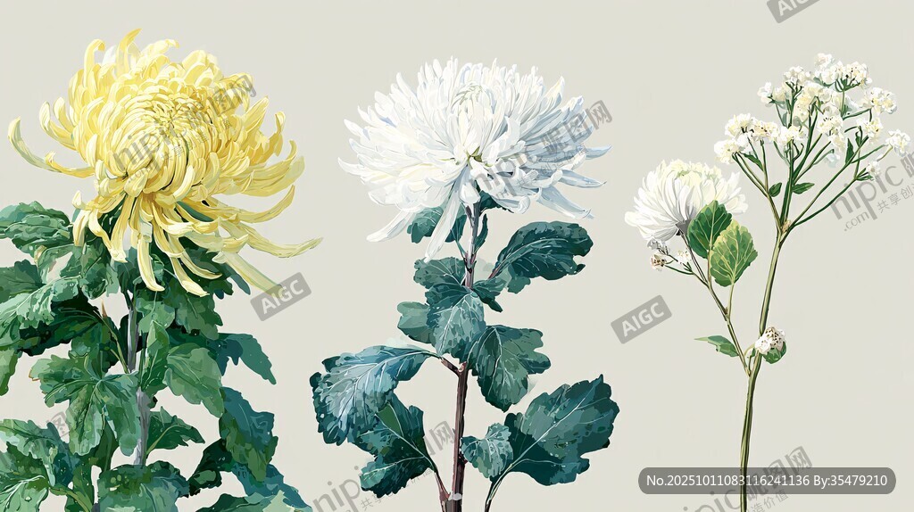 三朵菊花特写清新插画