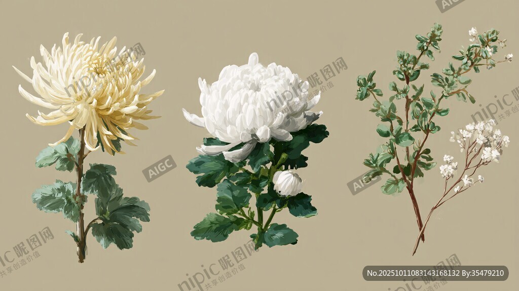 三株花卉插画展现自然之美