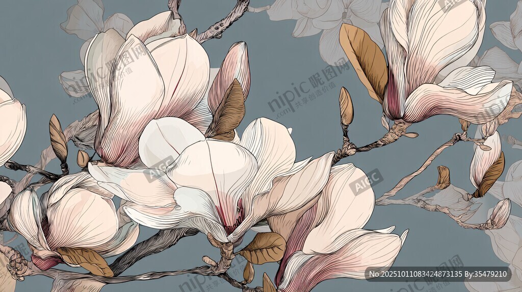 玉兰花枝插画