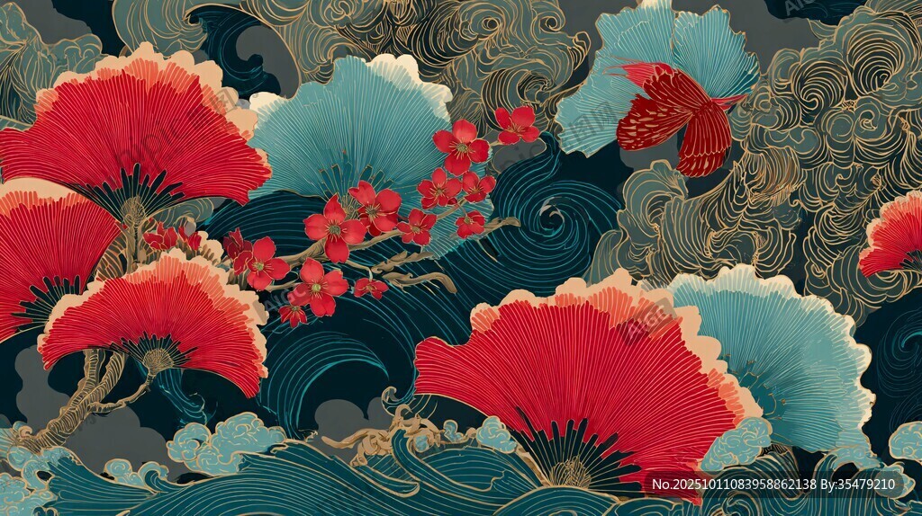 中式古风花卉海浪图