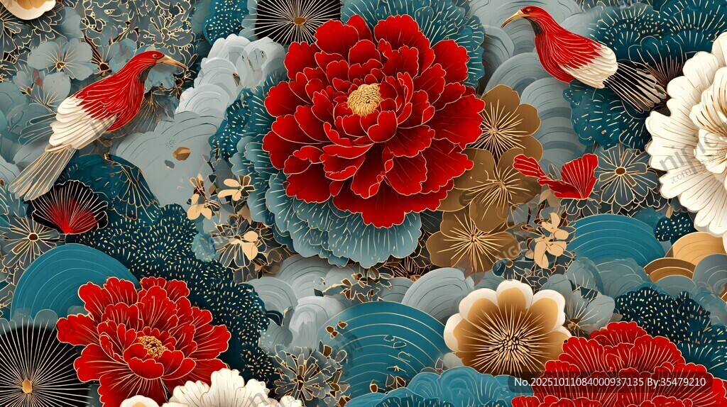中式花鸟繁花国风插画