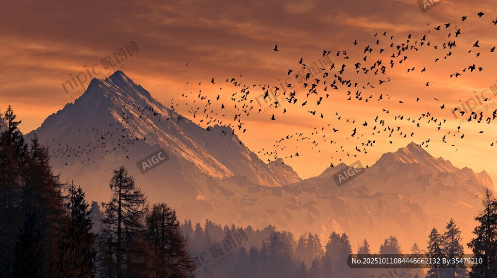夕阳下群鸟飞越山林雪山