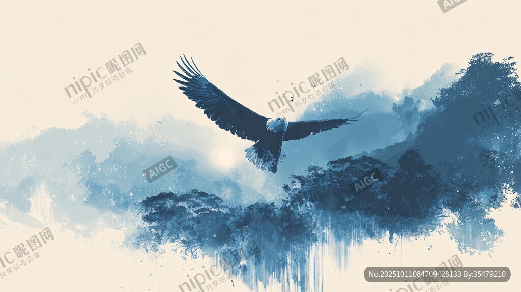 水墨风格展翅翱翔的雄鹰