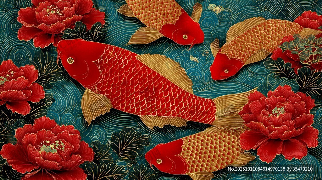 锦鲤戏牡丹 中式祥瑞图景