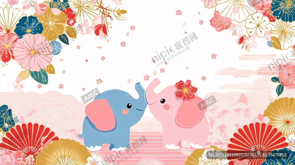 小象情侣浪漫花卉背景图