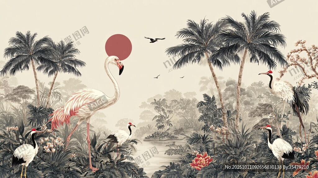 热带风情 火烈鸟与仙鹤同框