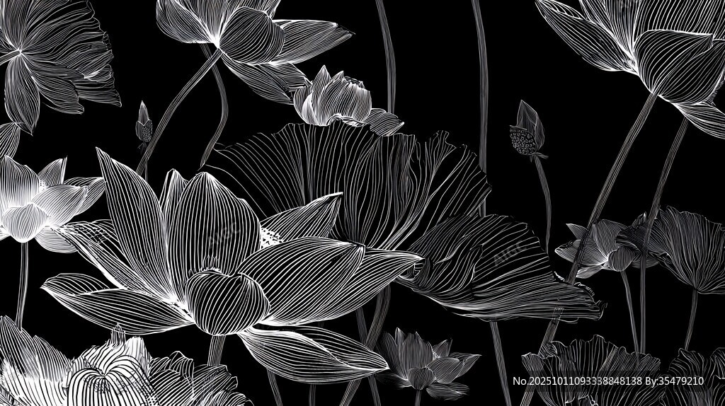 黑白水墨风莲花图案