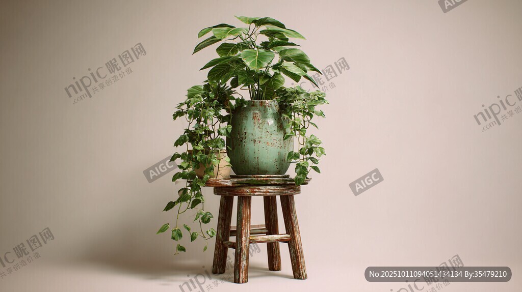复古木凳上的绿植盆栽