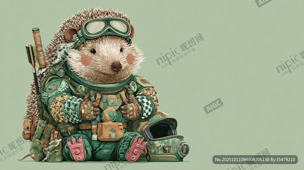 穿着迷彩服的可爱小刺猬