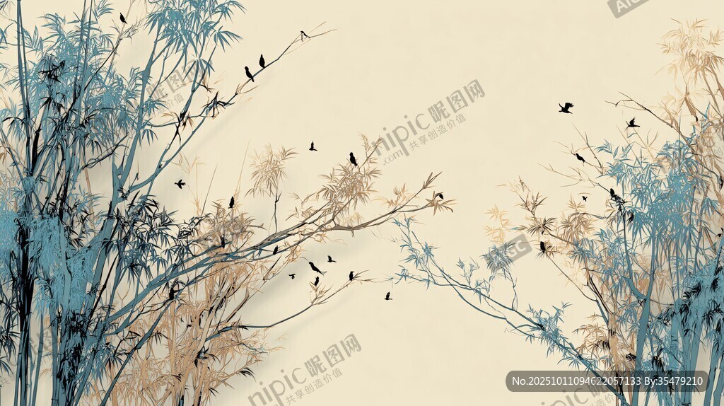 水墨竹林飞鸟写意画境
