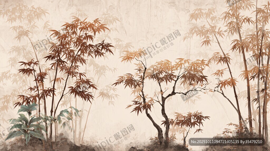 秋景中式竹林树木水墨画